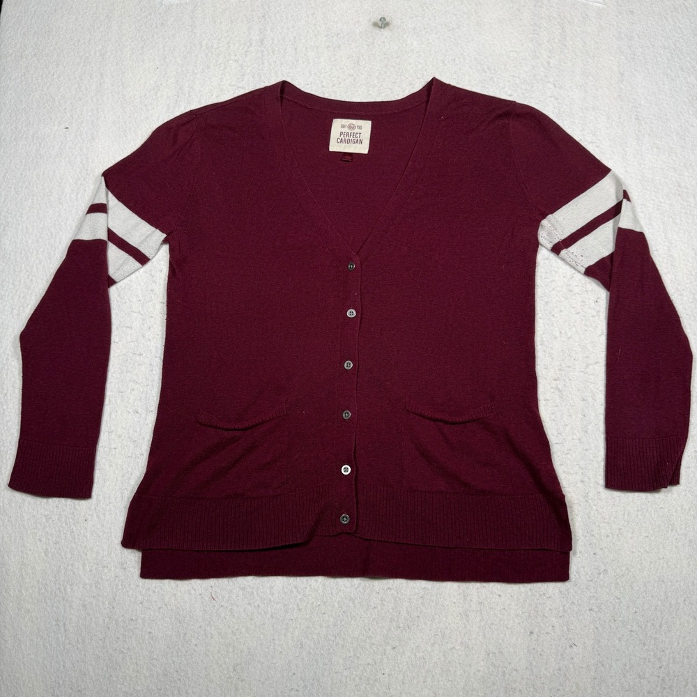 SO Perfect Cardigan Womens XL Burgundy Varsity Stripe Button Front V-Neck Knit